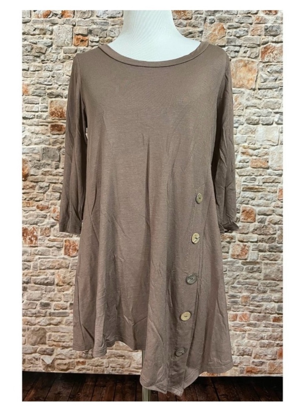 NWT MOA Mocha Brown Asymmetrical Swing Tunic 3/4 Sleeve Button Detail small